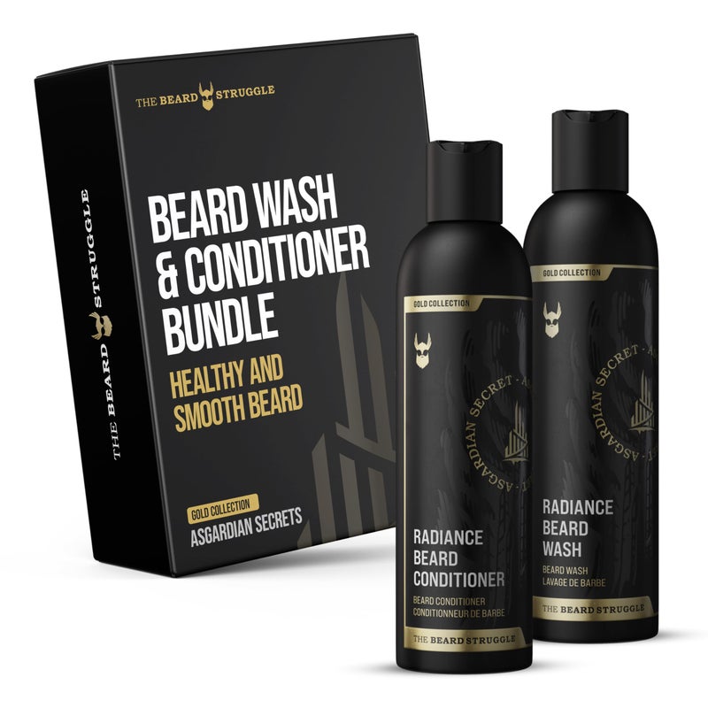 The Beard Struggle - Radiance Beard Wash & Conditioner Bundle - Gold Collection - Pack of 2, Asgardian Secret - Nourish, Cleanse, Softens, & Strengthens Beard - Beard Wash and Conditioner for Men - Image 1