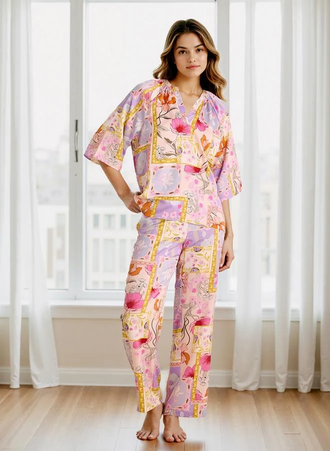 سبلاش فيڤ طقم بيجامة وبلوزة ساتان بطبعة زهور