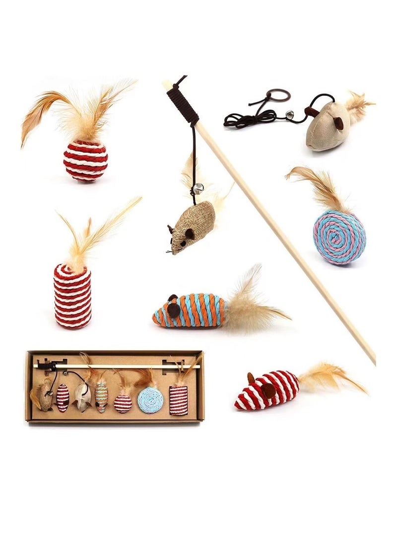 7-pcs Cat Toy Set,Interactive,Cat Wand Attachments,Kitten Toys with Feathers,Cat Wood Rod Mouse Toy