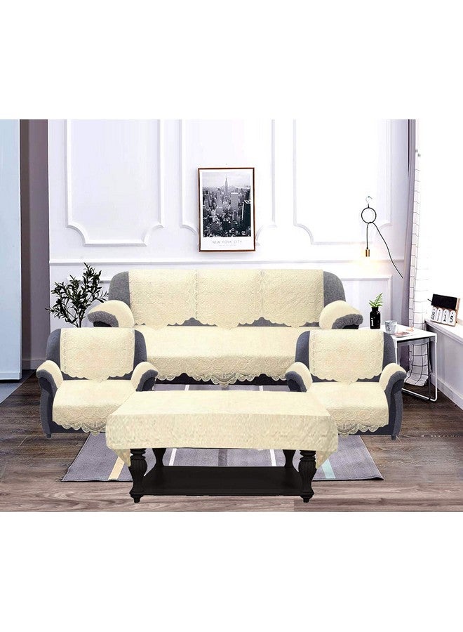 Kuber Industries Geometric Design Cotton 5 Seater Sofa Cover|6 Pieces Arms Cover|Center Table Cover|Use Both Side|Pack of 17 (Cream) - Image 1