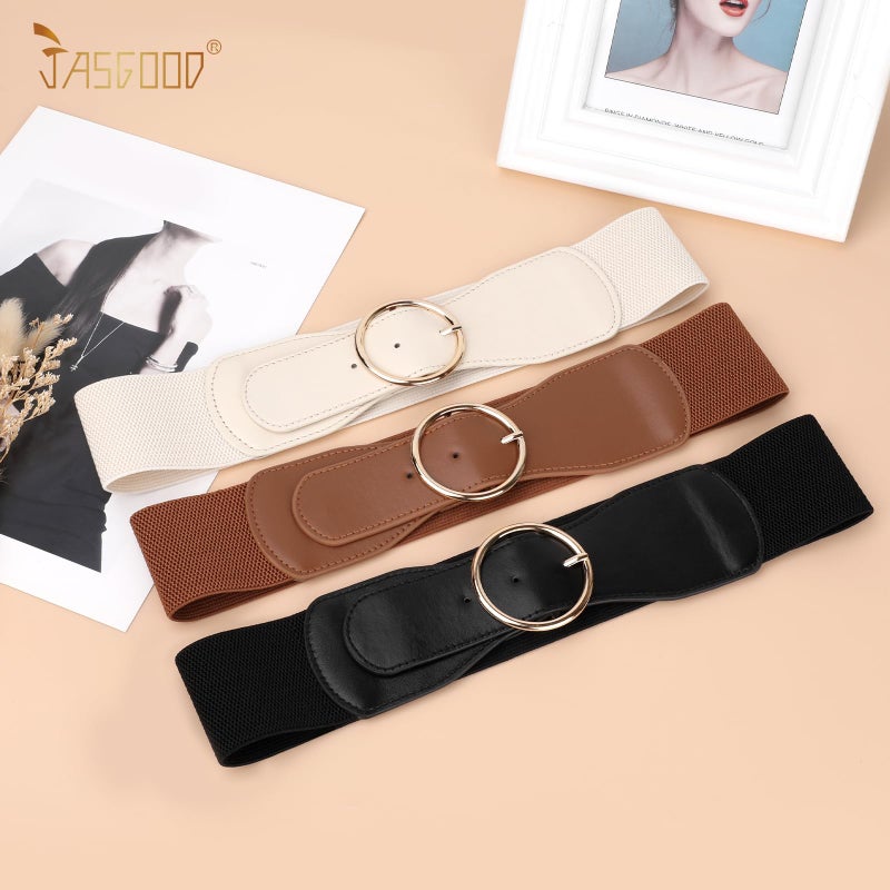 JASGOOD 3 Pack Women Wide Elastic Waist Belt for Dress Ladies Stretch Belt with Gold Round Buckle - Image 3