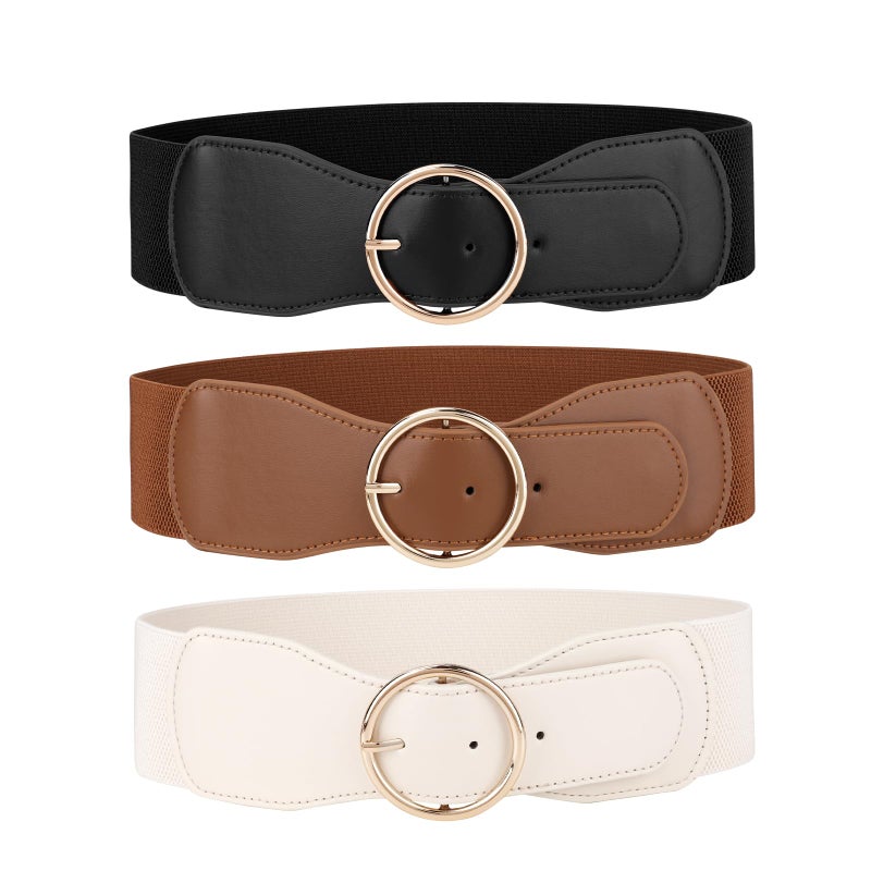 JASGOOD 3 Pack Women Wide Elastic Waist Belt for Dress Ladies Stretch Belt with Gold Round Buckle - Image 1