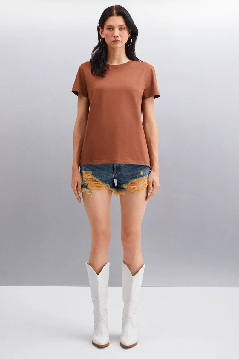 GRIMELANGE Samantha Women's Comfort Fit 100% Organic Cotton Basic Knitted Brown T-shirt