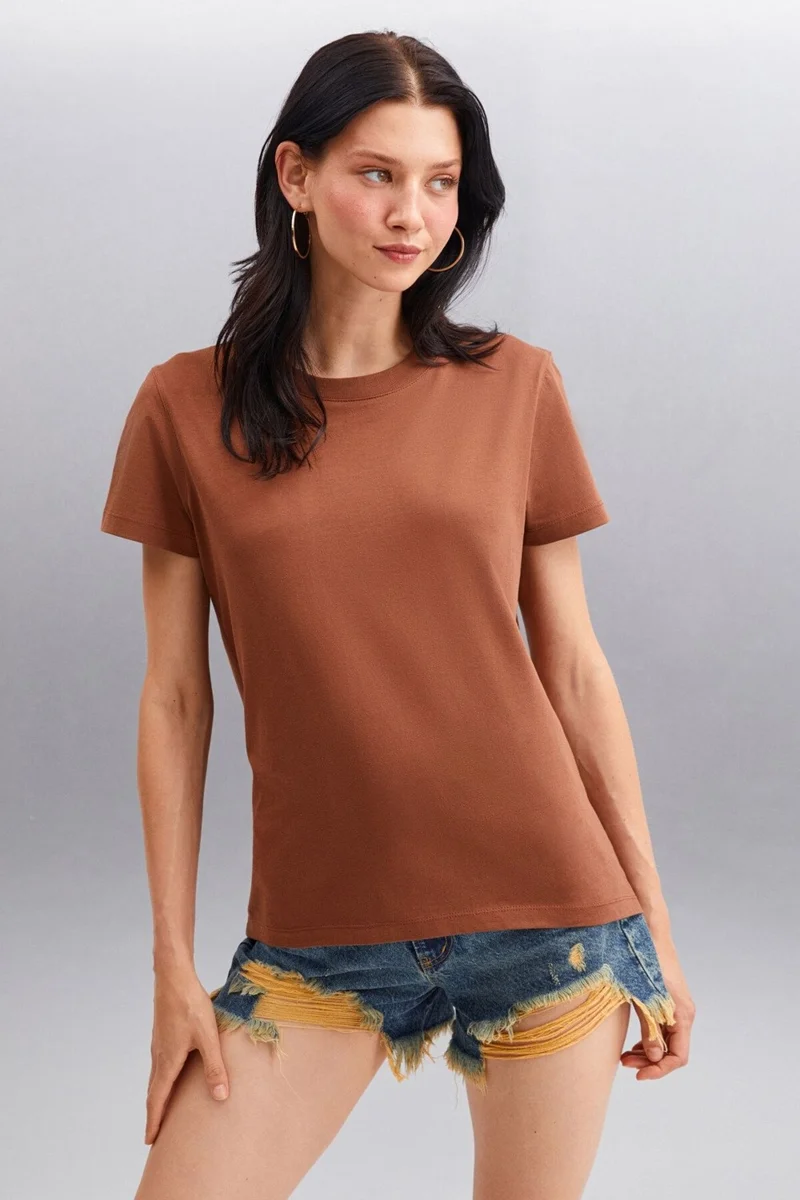 GRIMELANGE Samantha Women's Comfort Fit 100% Organic Cotton Basic Knitted Brown T-shirt