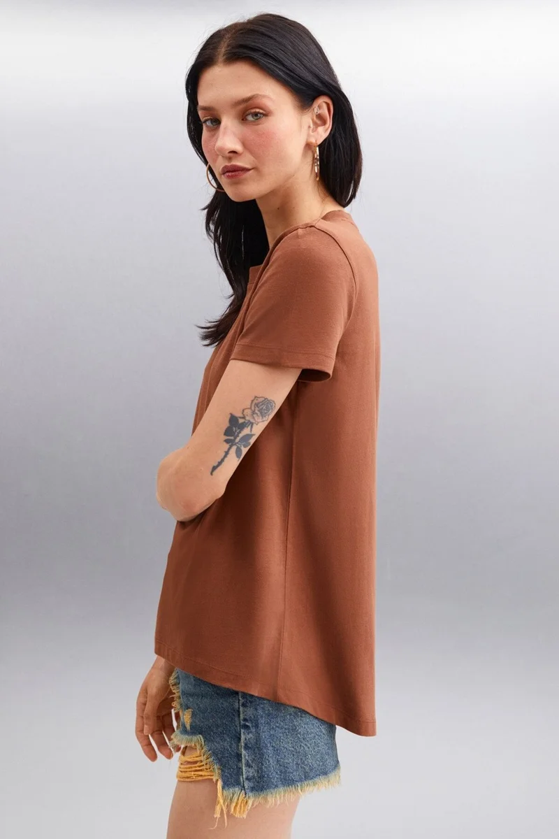 GRIMELANGE Samantha Women's Comfort Fit 100% Organic Cotton Basic Knitted Brown T-shirt