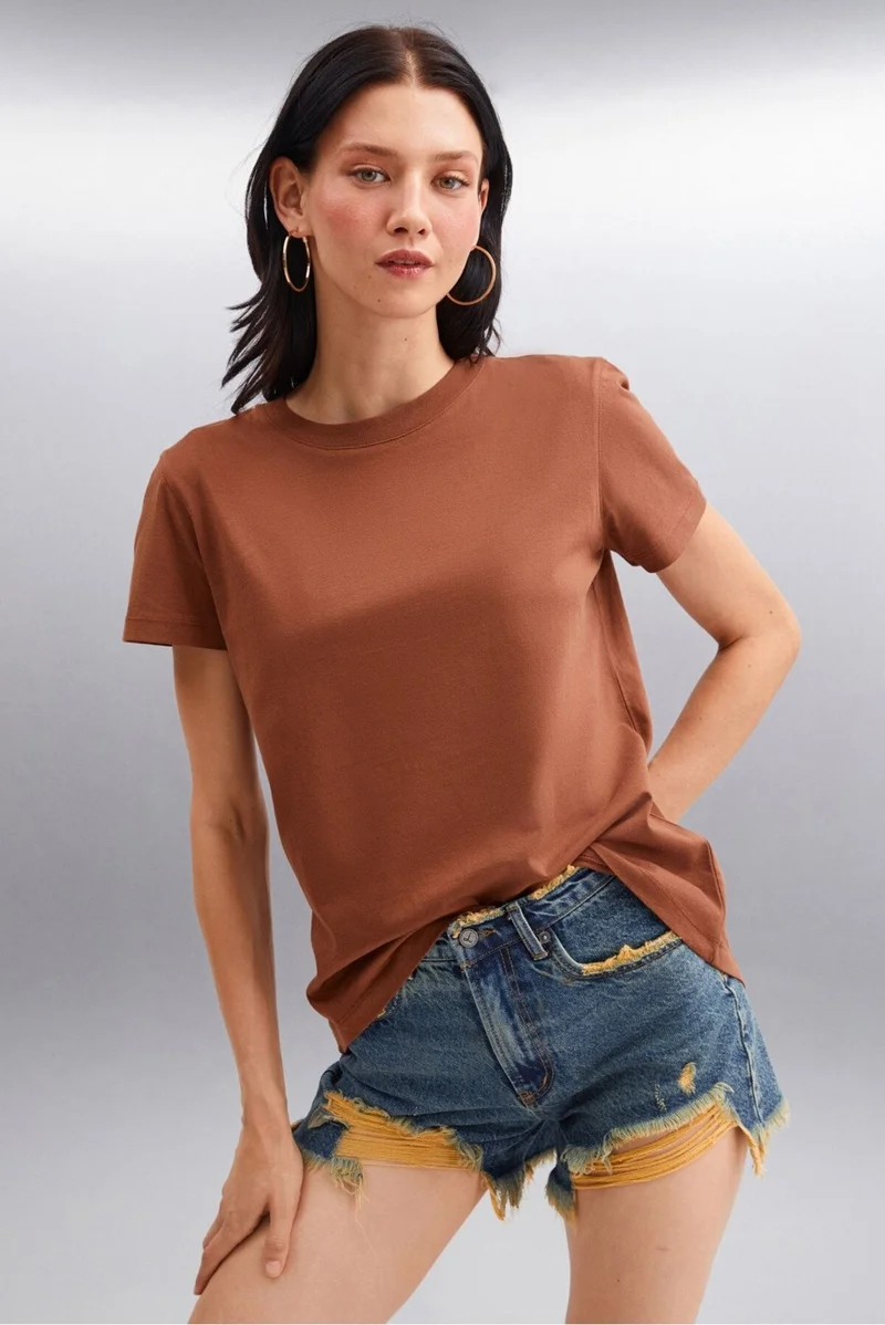 GRIMELANGE Samantha Women's Comfort Fit 100% Organic Cotton Basic Knitted Brown T-shirt