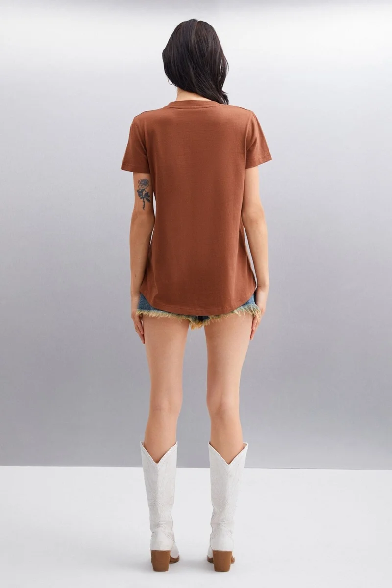 GRIMELANGE Samantha Women's Comfort Fit 100% Organic Cotton Basic Knitted Brown T-shirt