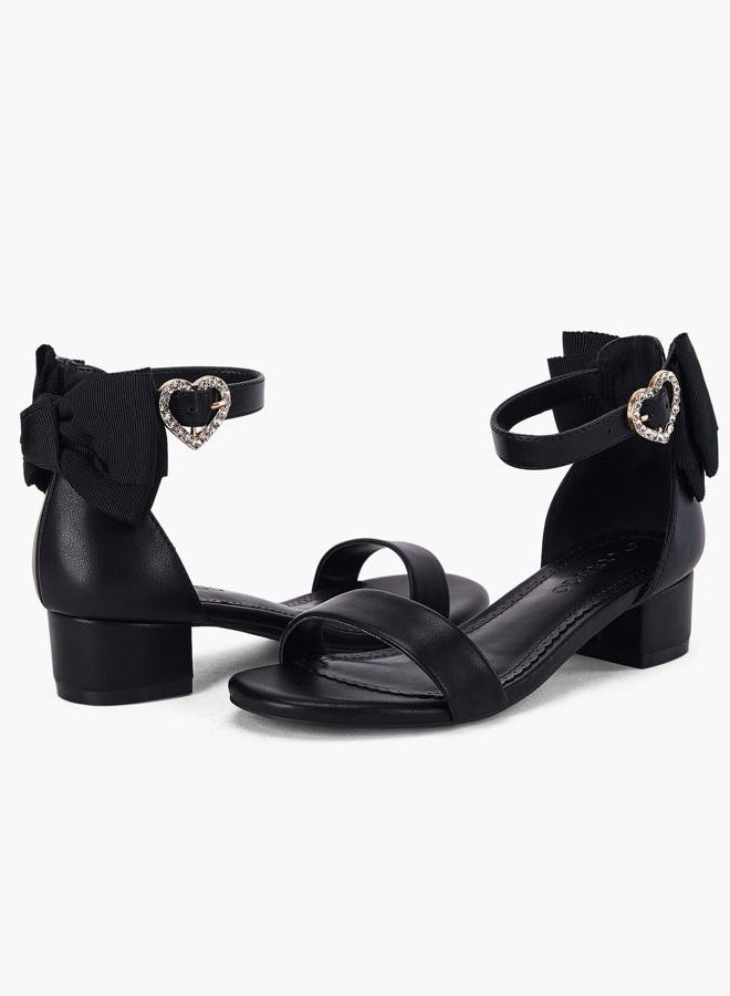 Coutgo Girl's Bow Tie Heeled Sandals Open Toe Chunky Low Heel Rhinestone Princess Dress Shoes, Black, Size 11 - Image 4