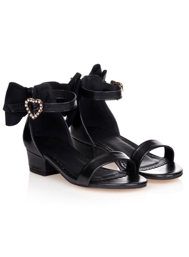 Coutgo Girl's Bow Tie Heeled Sandals Open Toe Chunky Low Heel Rhinestone Princess Dress Shoes, Black, Size 11 - Image 1
