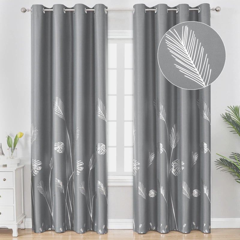 Estelar Textiler Blackout Curtains for Bedroom Living Room 84 Inches Long 2 Panels Silver Palm Tree Pattern Thermal Insulated Curtain Drapes for Dining Room Sliding Door Grey 52Wx84L