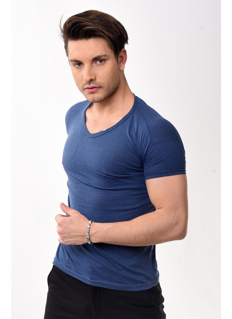 Belifanti Collection V-Neck Basic Slim Fit Men's T-Shirt Navy Blue  - Image 4