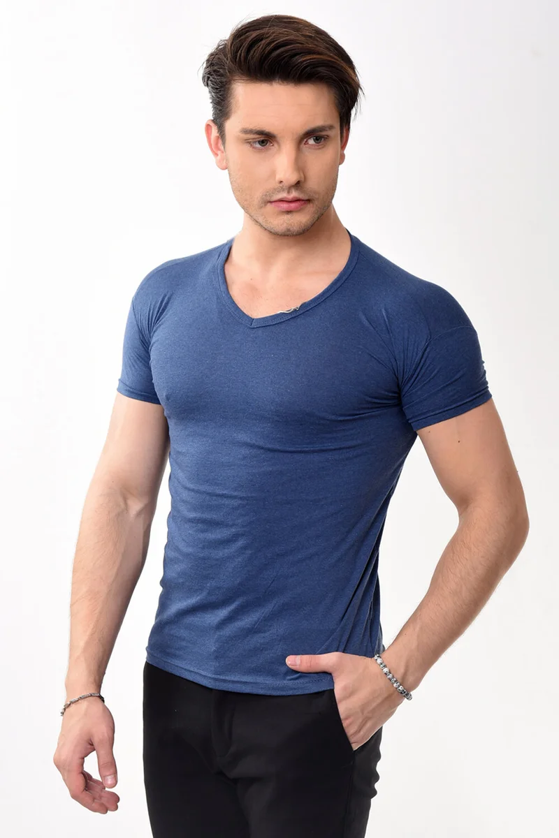 Belifanti Collection V-Neck Basic Slim Fit Men's T-Shirt Navy Blue