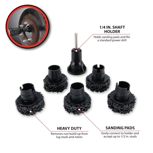 Performance Tool W80105 Wheel Hub Resurfacing Kit - Quick Rust Removal for Lug Studs and Rotors, Fits Power Drill, Includes Holder and 5 Pads - Image 2