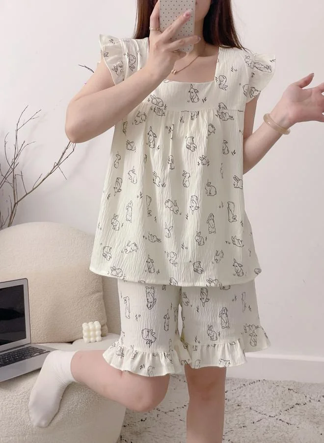 Take Two  Off White Bunny Print Ruffle Top and Shorts Set for Women | Best Price UAE