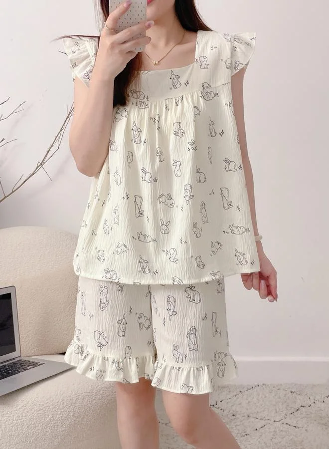 Take Two  Off White Bunny Print Ruffle Top and Shorts Set for Women | Best Price UAE