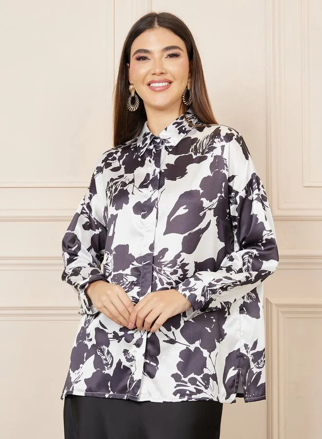 Styli Floral Print Longline T-Shirt