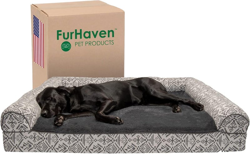 Furhaven Pet Dog Bed | Orthopedic Plush Kilim Southwest Home Decor Traditional Sofa-Style Living Room Couch Pet Bed w/Removable Cover for Dogs & Cats, Boulder Gray, Jumbo Plus - Image 1