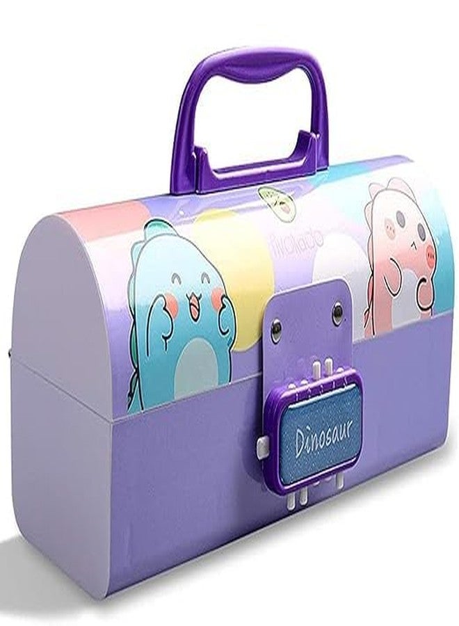 ADOERE Plastic Suitcase Style Password Lock Multi-Layer Pencil Box with Marker for Boys and Girls, Password Pencil Case, Cartoon Pencil Box, Stationery Pencil Case (Dinosaur Purple) - Image 1