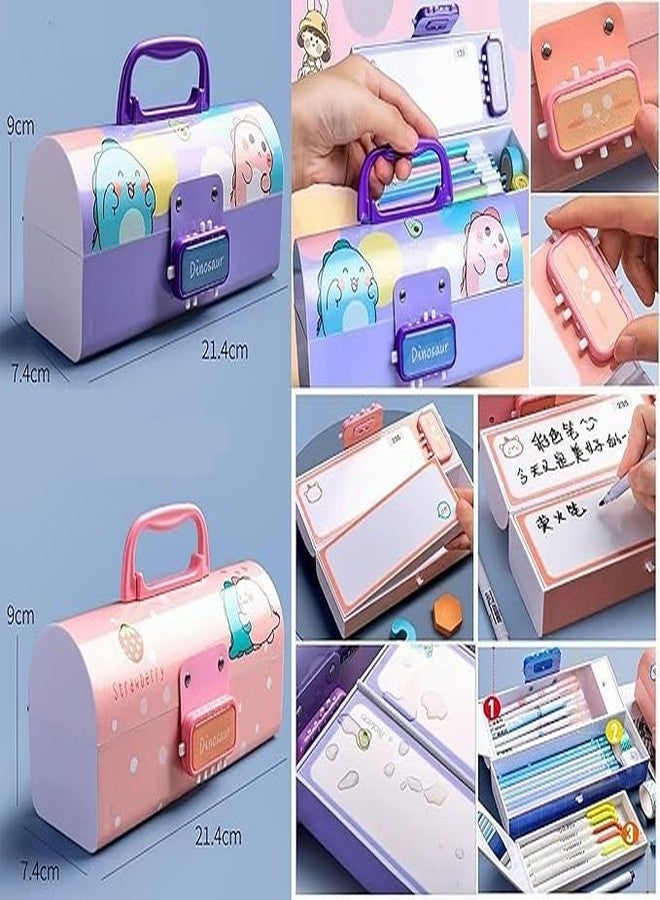 ADOERE Plastic Suitcase Style Password Lock Multi-Layer Pencil Box with Marker for Boys and Girls, Password Pencil Case, Cartoon Pencil Box, Stationery Pencil Case (Dinosaur Purple) - Image 5
