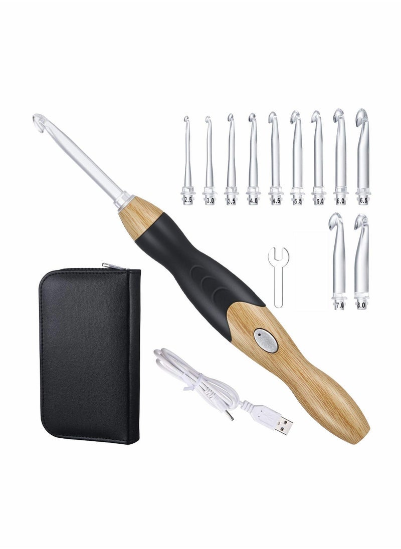 11 Sizes Lighted Crochet Hooks Set Rechargeable Crochet Hook Light Up Crochet Hooks with Case, Interchangeable Heads 2.5 mm to 8 mm for DIY Craft Supplies (Wood Color-Black)