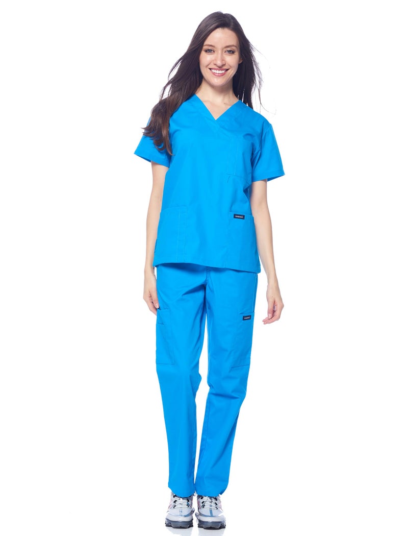 Dagacci Medical Uniform Womens and Mens Scrub Set Unisex Medical Scrub Shirt Top and Pant, Turquoise, Small - Image 2