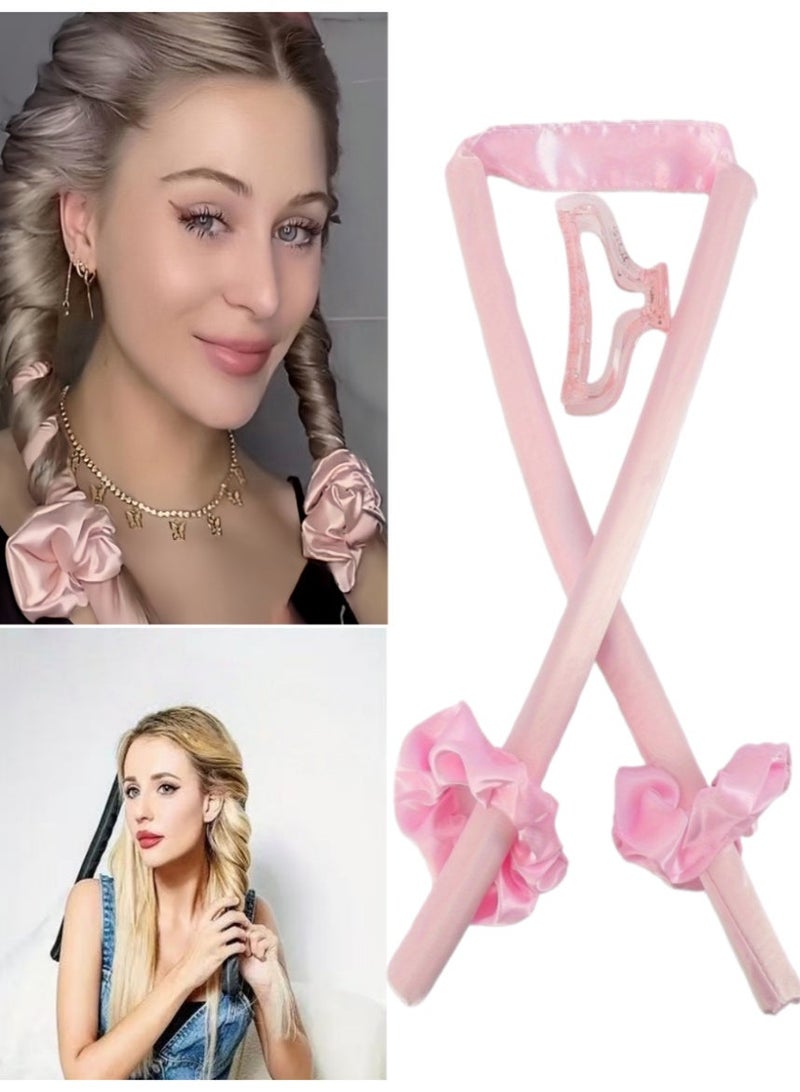 S/4 Heatless Hair Curler, No Heat Hair Curlers to Sleep in, Super Soft Ribbon Wrap for Long Hair，Overnight Heatless Curling Set Curling Rod with Hair Scrunchies and Clip for All Hair types Lazy Natural Soft Wave DIY Hair Rollers(Pink) - Image 1