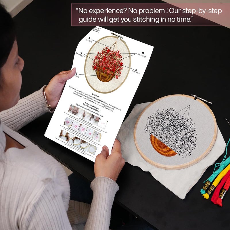Embroiderymaterial Paper Embroidery Kit For Beginners/Cross Stitch Blossom Basket Design Digital Printed Cloth & Written Instructions All Material Included. (Blossam Design),Multicolor - Image 3