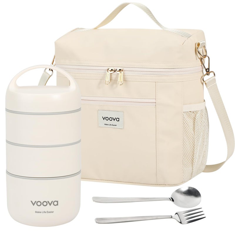 Voova Stackable Stainless Steel Thermal Lunch Box with Lunch Bag and Cultery Set for Adult Women Men, 3 Tier Leakproof & Microwave Safe Insulated Bento Boxes Food Container for Work, Beige - Image 1