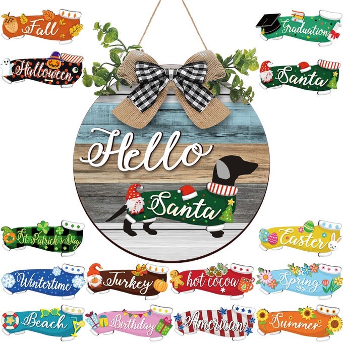 16 PCS SEASONAL INTERCHANGEABLE DACHSHUND DOOR DECOR CUTE REPLACEABLE EASTER WELCOME SIGN SEASONAL FARMHOUSE FRONT DOOR SIGNS WOOD HOME SIGNVINTAGE WOOD GRAIN