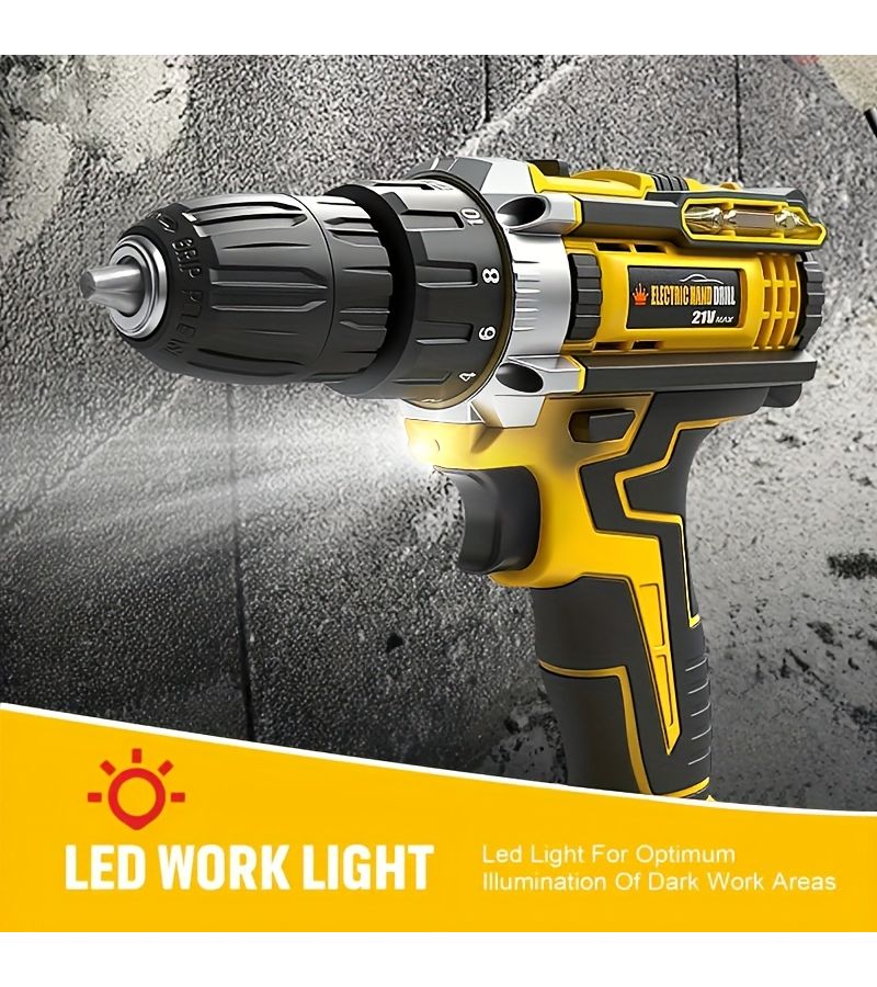 Lithium Ion Cordless Drill Set Yellow One Battery One Charge 3/8 Inch Keyless Chuck Variable Speed 16 Position Settings 24 Drill Bits Home Electric Tool With Optimized Ergonomics - Image 5