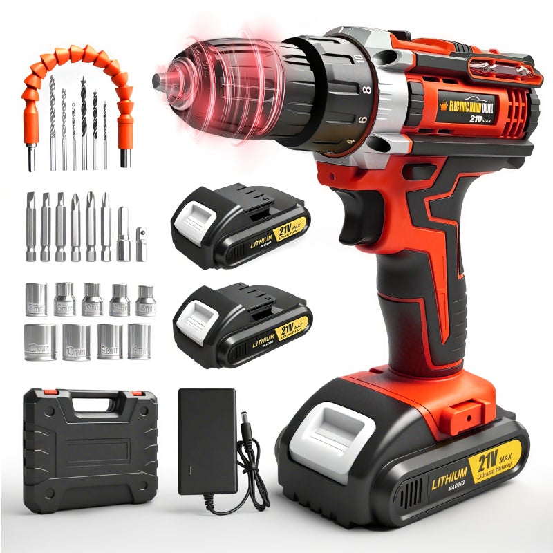 Lithium Ion Cordless Drill Set Yellow One Battery One Charge 3/8 Inch Keyless Chuck Variable Speed 16 Position Settings 24 Drill Bits Home Electric Tool With Optimized Ergonomics - Image 3