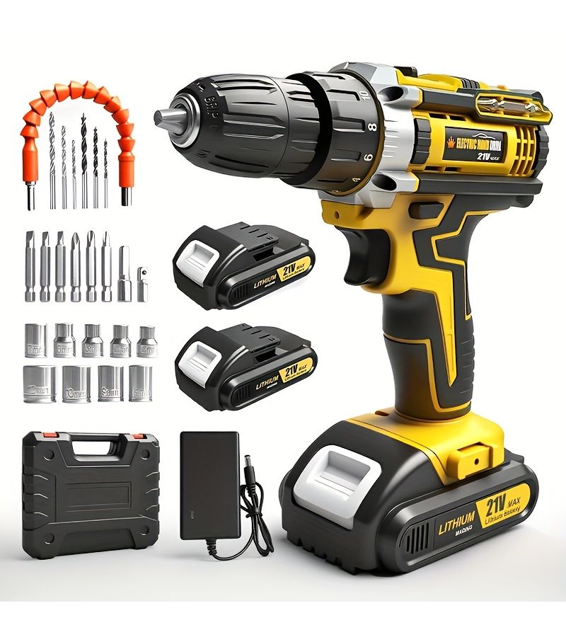 Lithium Ion Cordless Drill Set Yellow One Battery One Charge 3/8 Inch Keyless Chuck Variable Speed 16 Position Settings 24 Drill Bits Home Electric Tool With Optimized Ergonomics - Image 1