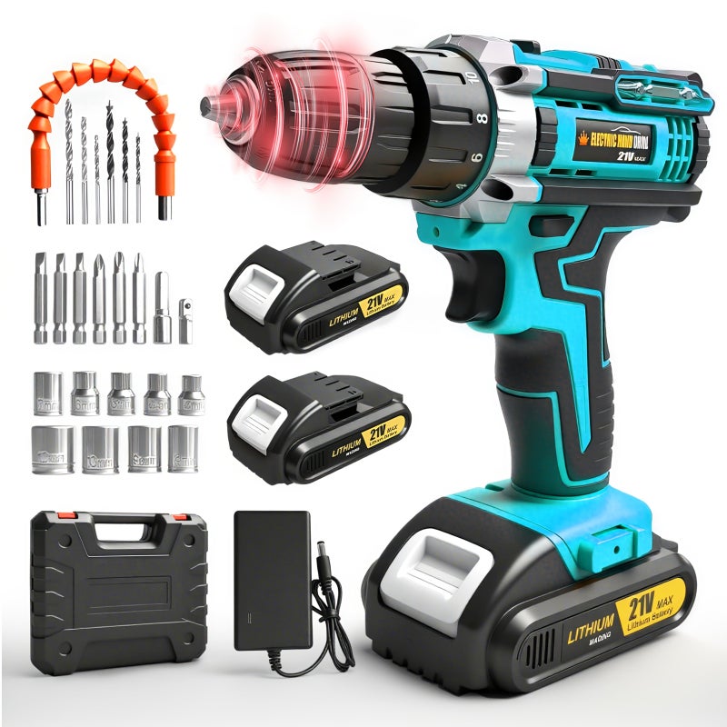 Lithium Ion Cordless Drill Set Yellow One Battery One Charge 3/8 Inch Keyless Chuck Variable Speed 16 Position Settings 24 Drill Bits Home Electric Tool With Optimized Ergonomics - Image 4