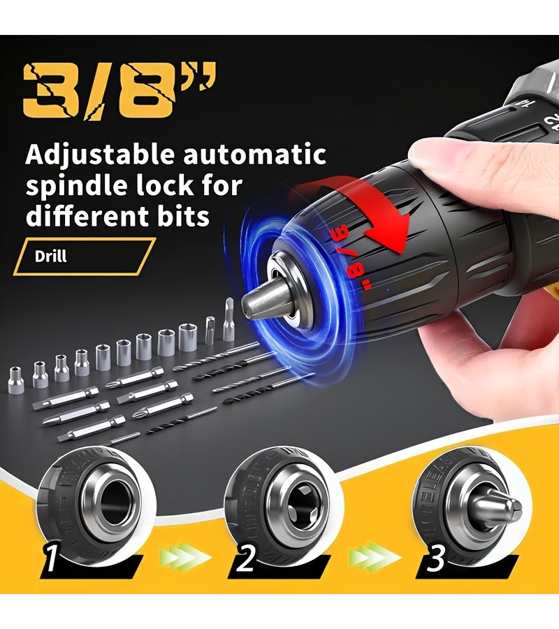 Lithium Ion Cordless Drill Set Yellow One Battery One Charge 3/8 Inch Keyless Chuck Variable Speed 16 Position Settings 24 Drill Bits Home Electric Tool With Optimized Ergonomics - Image 2