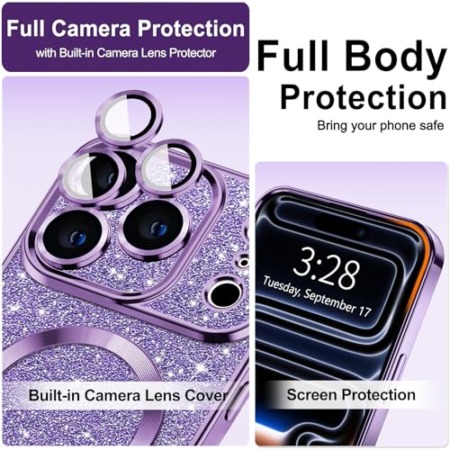 Hython for iPhone 17 Pro Case Glitter Clear Magnetic Phone Cases [Compatible with MagSafe] Full Camera Lens Protector Sparkle Luxury Plating Slim Shockproof Protective Cover Women, Purple - Image 3