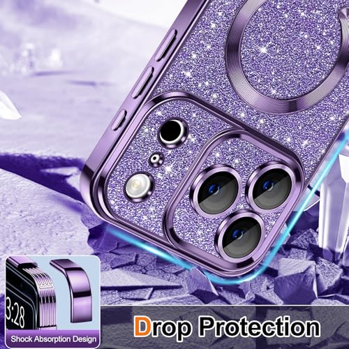 Hython for iPhone 17 Pro Case Glitter Clear Magnetic Phone Cases [Compatible with MagSafe] Full Camera Lens Protector Sparkle Luxury Plating Slim Shockproof Protective Cover Women, Purple - Image 4
