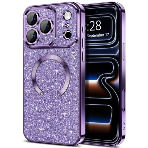 Hython for iPhone 17 Pro Case Glitter Clear Magnetic Phone Cases [Compatible with MagSafe] Full Camera Lens Protector Sparkle Luxury Plating Slim Shockproof Protective Cover Women, Purple - Image 1