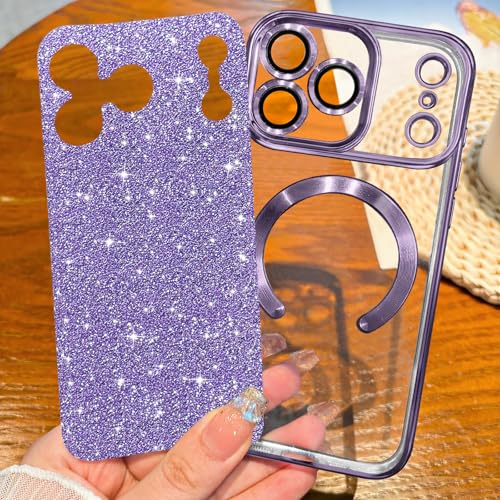 Hython for iPhone 17 Pro Case Glitter Clear Magnetic Phone Cases [Compatible with MagSafe] Full Camera Lens Protector Sparkle Luxury Plating Slim Shockproof Protective Cover Women, Purple - Image 2
