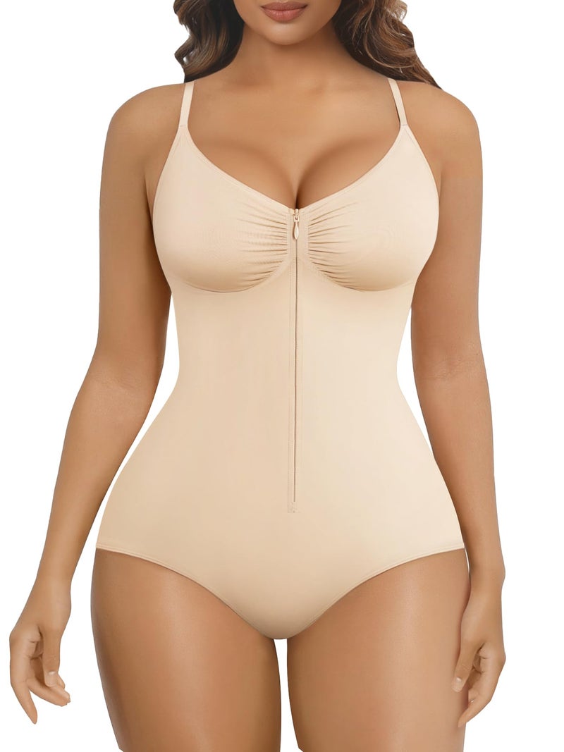 SHAPERX Women's Shapewear Bodysuit Tummy Control Seamless Zip-Up Body Shaper Snatched Waist Sculpting Body Suit,SZ5861-Beige-2XL - Image 1
