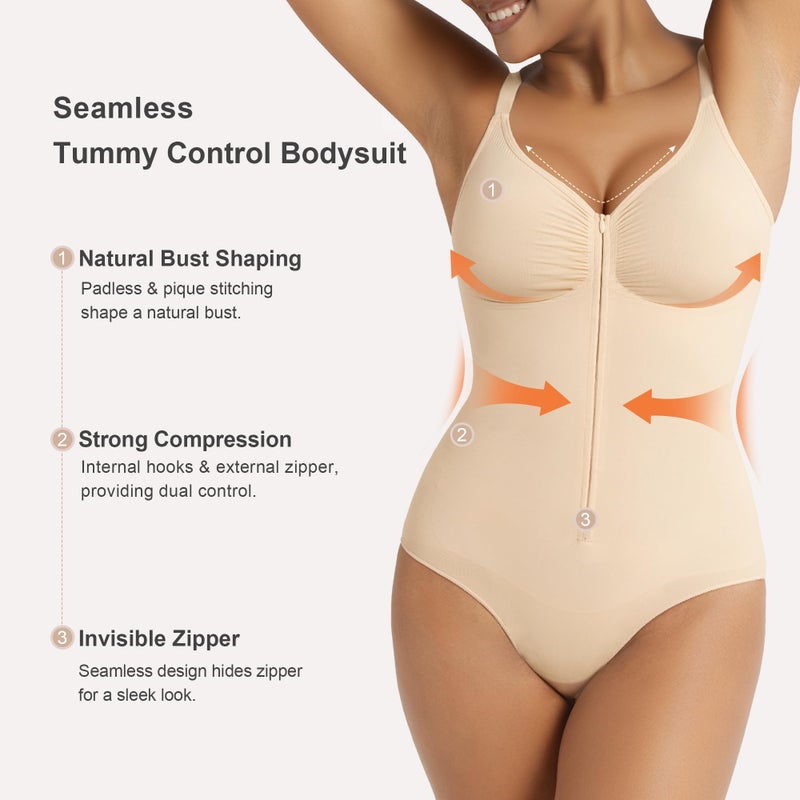 SHAPERX Women's Shapewear Bodysuit Tummy Control Seamless Zip-Up Body Shaper Snatched Waist Sculpting Body Suit,SZ5861-Beige-2XL - Image 4