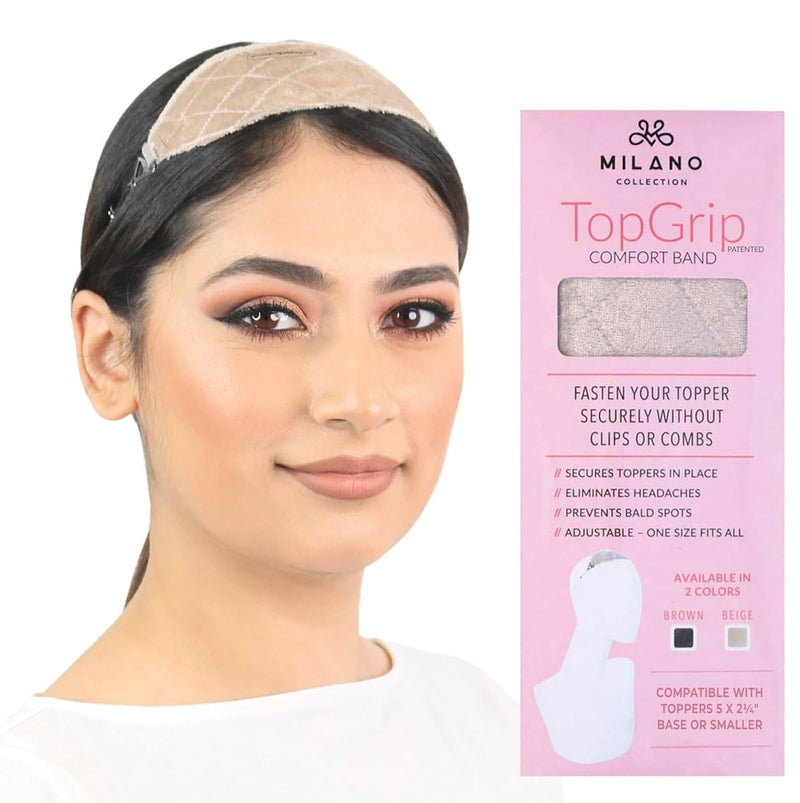 MILANO COLLECTION Glueless Top Grip for Hair Topper  Wiglets Adjustable Translucent Strap with Side Openings Top Headband for Your Wig or Topper Includes Clips Beige Small