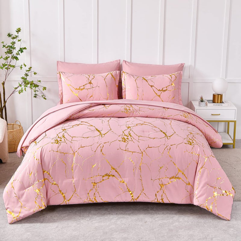 Yogeneg Gold Metallic Marble Comforter Set Queen Size,7 Piece Bed in a Bag,Foil Print Glitter Pink Comforter and Sheet Set,All Season Soft Microfiber Complete Bedding Sets(Pink,Queen) - Image 1