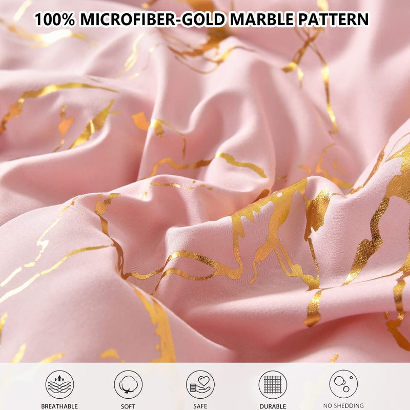 Yogeneg Gold Metallic Marble Comforter Set Queen Size,7 Piece Bed in a Bag,Foil Print Glitter Pink Comforter and Sheet Set,All Season Soft Microfiber Complete Bedding Sets(Pink,Queen) - Image 5
