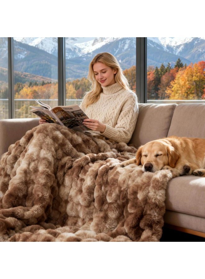 Fruaros Luxury 1000GSM Faux Rabbit Fur Throw Blanket, Tie-Dye Brown, Ultra Soft Plush 3D Bubble Design, Reversible Mink Brown Blanket for Couch, Sofa, Bed & Living Room, 50"x60", Gift for Women & Family - Image 1