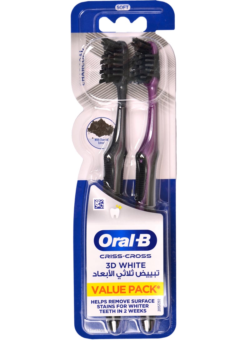 Oral-B Criss Cross 3D White Charcoal , Soft Toothbrush , Pack of 2 -Multicolors
