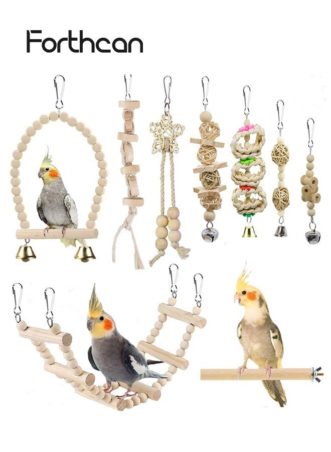 Forthcan Natural Wood Bird Cage Toys Set, Hanging Chew Swing and Climbing Ladder for Parrot, Parakeet, Cockatiel, Conure, Lovebirds and Small Birds - Image 1