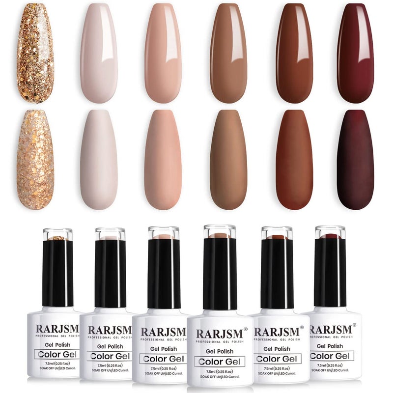 RARJSM مجموعة طلاء الأظافر الجل RARJSM من 6 قطع - بني، قهوة، أحمر نبيذ، بورجوندي، بيج، بنفسجي، وردي، شمبانيا، ذهبي لامع، ألوان شتوية، طلاء أظافر يتطلب نقع وتجفيف، مثالي لصالون العناية بالأظافر، للمبتدئين، يمكن استخدامه في المنزل.