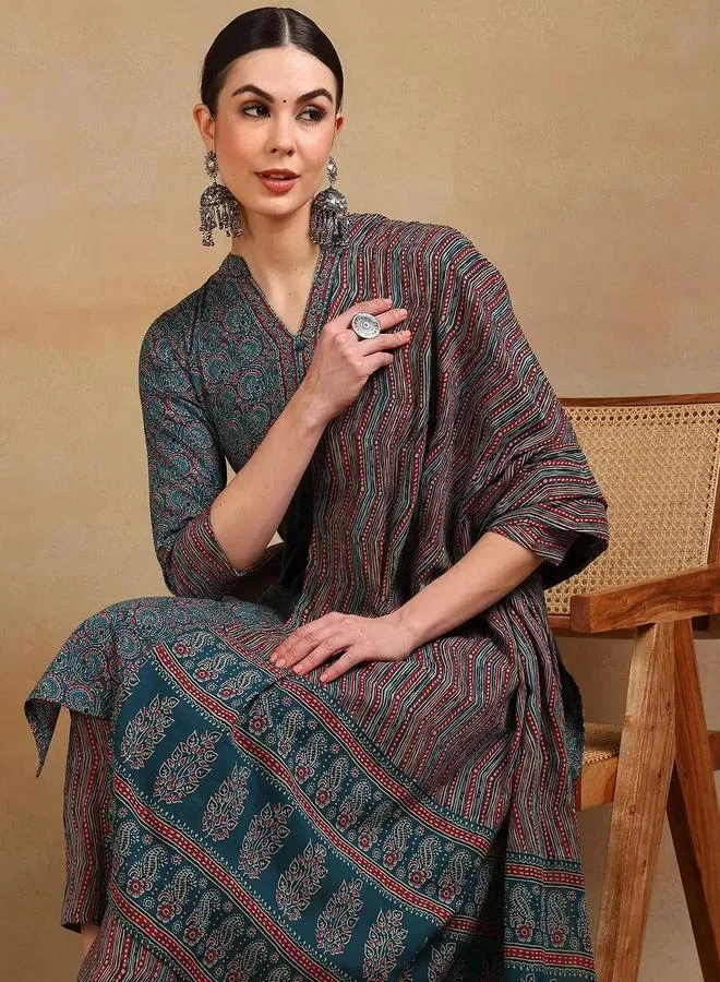 Desiqlo Blue Teal Rayon Blend Printed Straight Kurta with Pant and Dupatta Set for Women | Best Price UAE