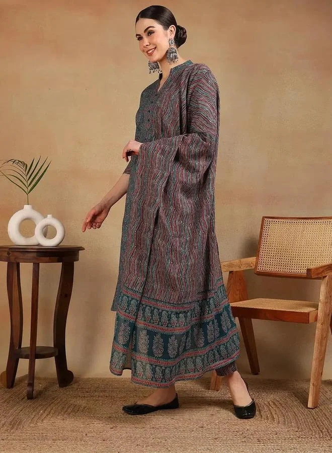 Desiqlo Blue Teal Rayon Blend Printed Straight Kurta with Pant and Dupatta Set for Women | Best Price UAE
