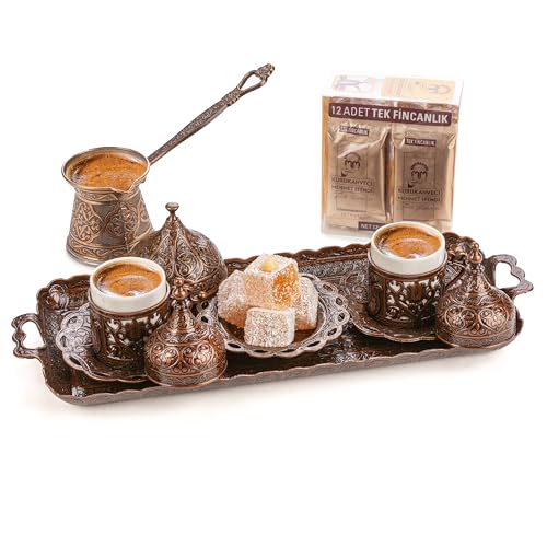 Alisveristime Premium Turkish Coffee Set 12Person Turkish Coffee Cezve 2Person Cups Delight Bowl and Tray 4 Colors Brown - Image 1